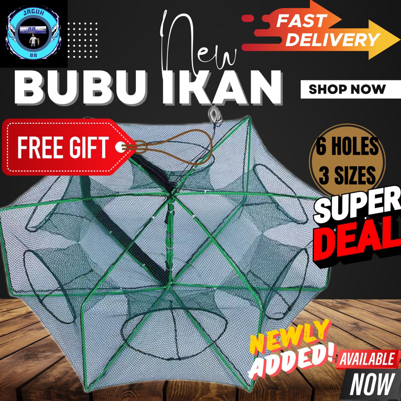 【6 holes】Bubu ikan/ square Folding Fishing Net Shrimp Cage Nylon Crab ...