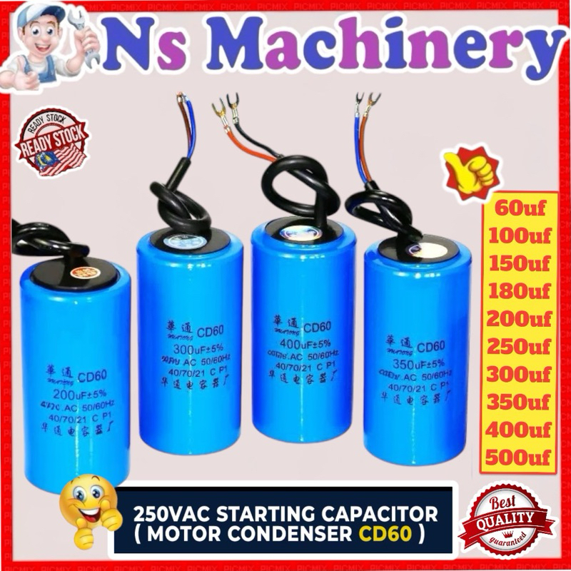 CD60 Motor Starting Capacitor 250VAC Condenser Kapacitor C/W Wiring ...