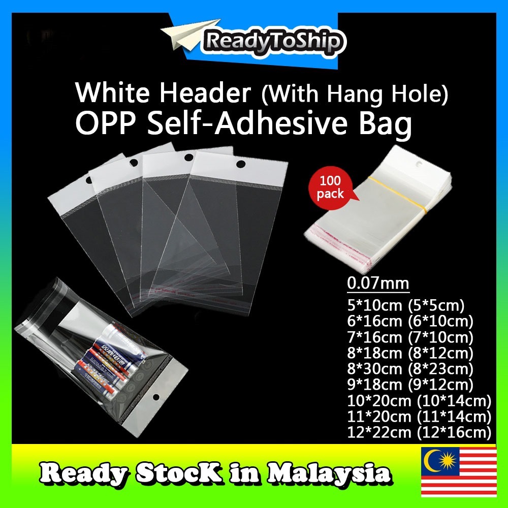 100pcs White Header Self Adhesive OPP with Hang Hole Transparent ...