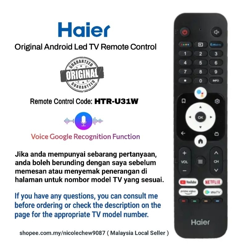 Original Haier HTR-U31W android LED TV Remote Control With Voice ...