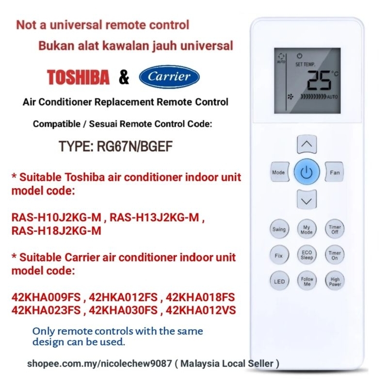 Télécommande De Remplacement Pour Climatiseur Carrier/Toshiba - Modèles RG67N/BGEF, RG67V/BGEF, Infrarouge