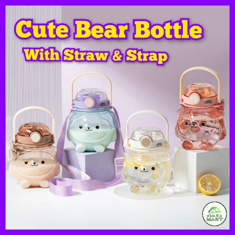1000ML Cute Bear Water Bottle with Straw and Strap for Kids Teen Girl ...