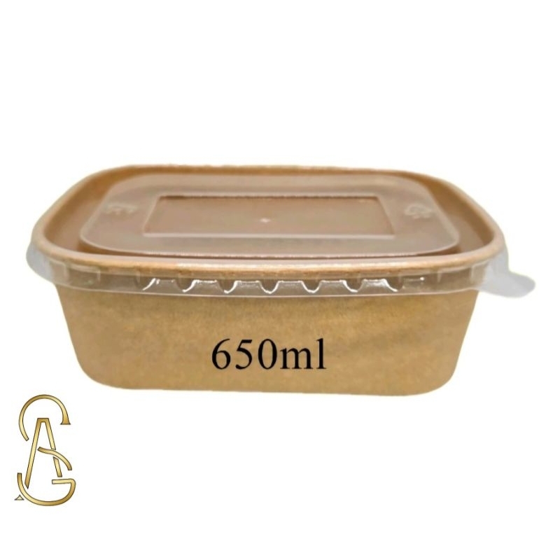 [Full Carton] 650ml with PP Lid Kraft Paper Rectangular Lunch Bowl Food ...