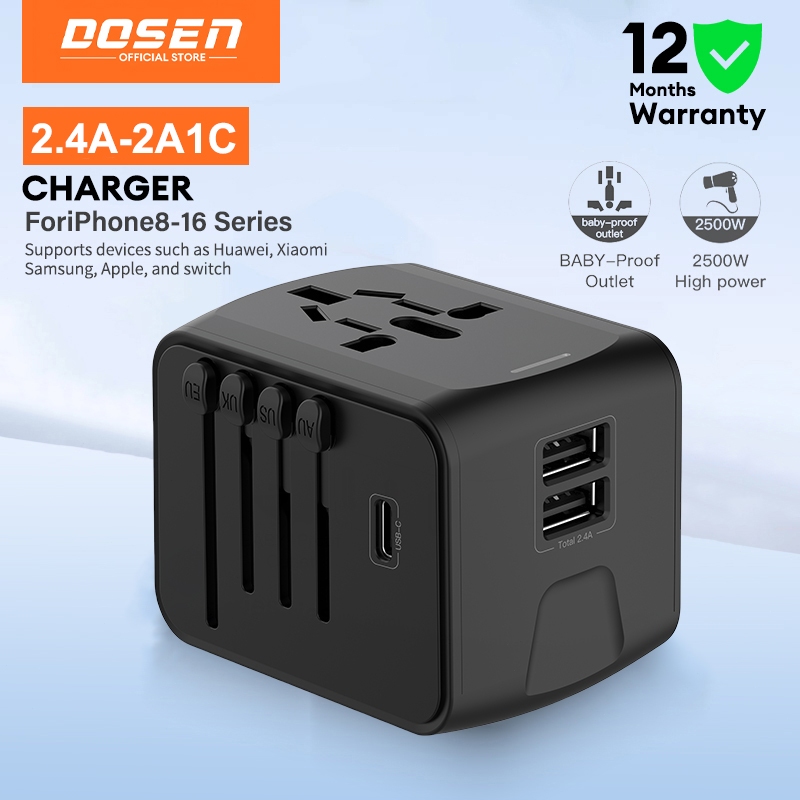 DOSEN 2.4A 2A1C US EU UK AUS Plug USB C USB A 3Ports GaN Fast Charger for iPhone 16 15 Pro Macbook Air iPad Samsung