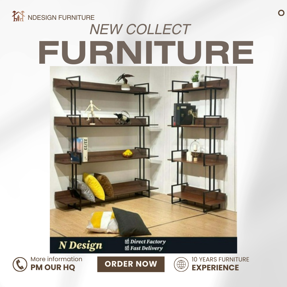 [N Design] 4-Tier Bookshelf / Metal & Wooden 4 Layer Display Rack ...