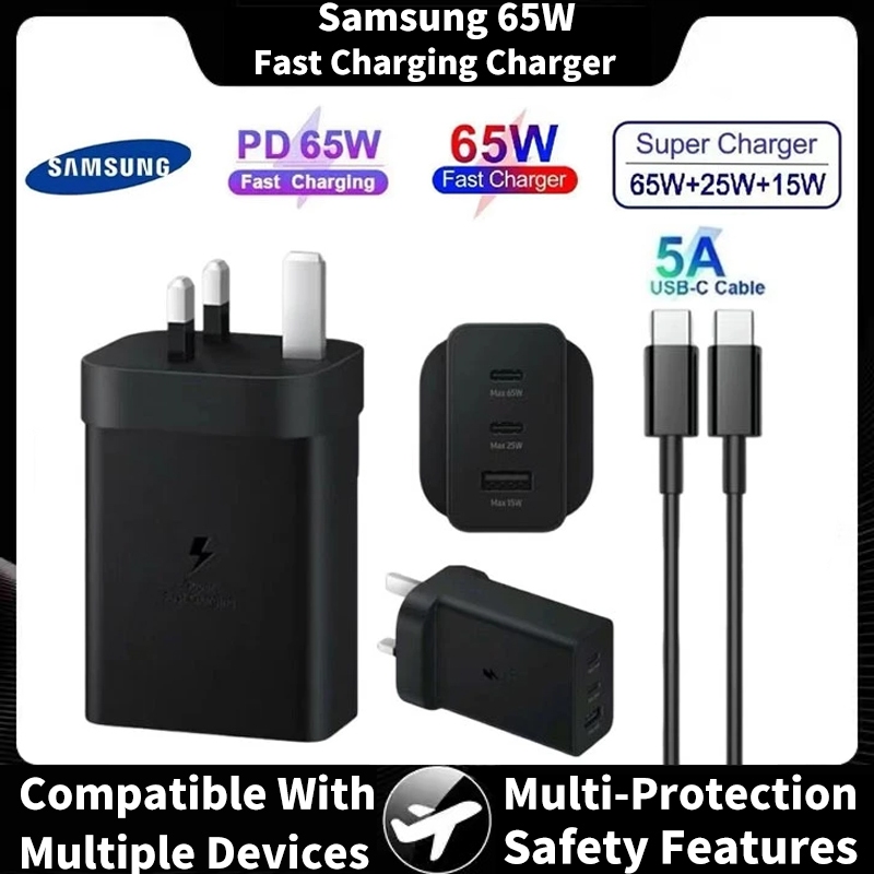 Samsung 65w Super Fast Charger For Samsung 3 Port PD+USB Super Fast Charging Adapter With Type-C To Type-C Cable