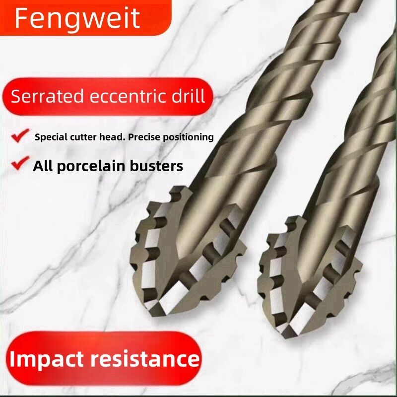 Four-edged serrated eccentric drill bit for ceramic tile drilling and ...
