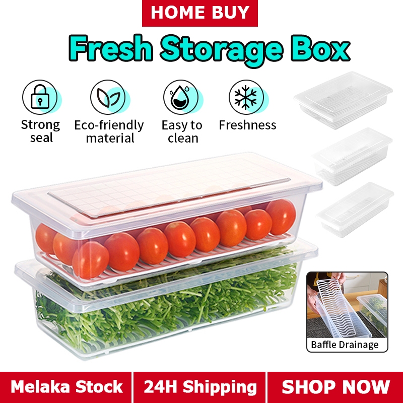 Freezer Storage Box with Lid Kitchen Rectangle Fish Meat Drain Tray ...