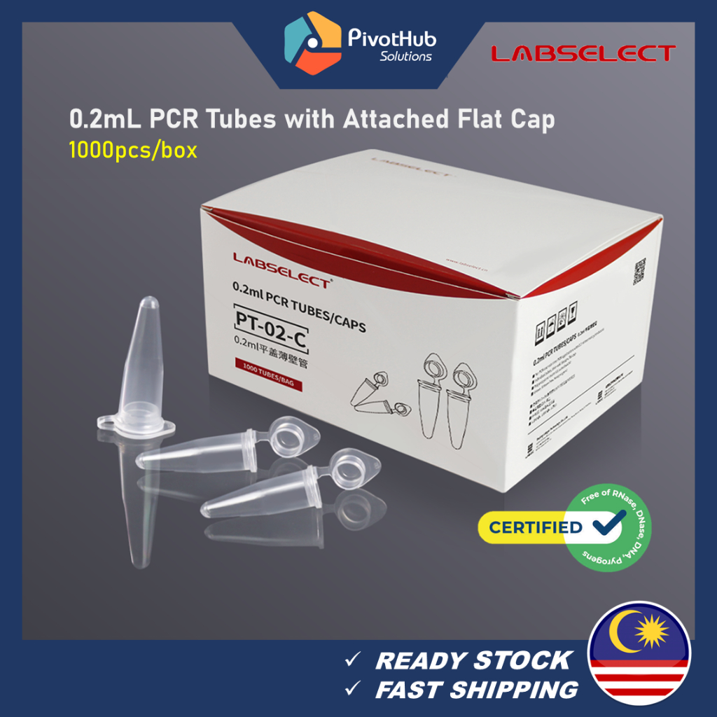 LABSELECT 0.2ml PCR Tubes with Attached Flat Caps Clear DNAse RNAse ...