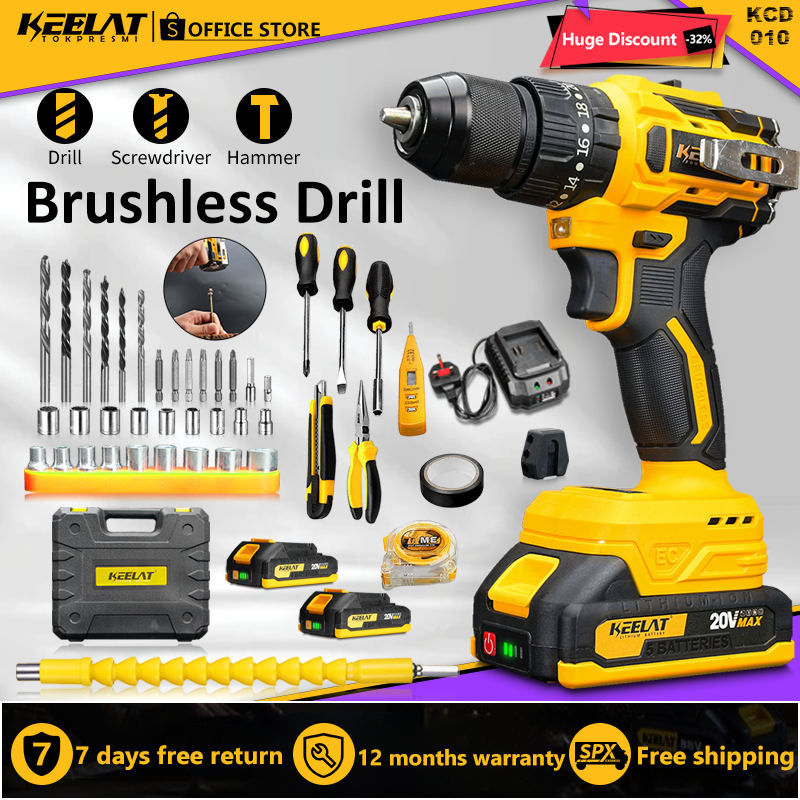 KEELAT Cordless Electric Hammer Impact Drill Screwdriver 3 Mode 2 Speed ...