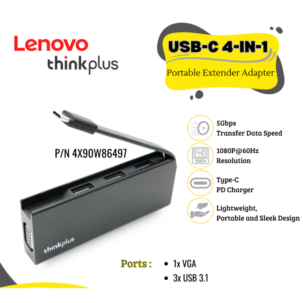 LENOVO ThinkPlus 4X90W86497 USB-C 4-in-1 Extender Adapter Converter ...