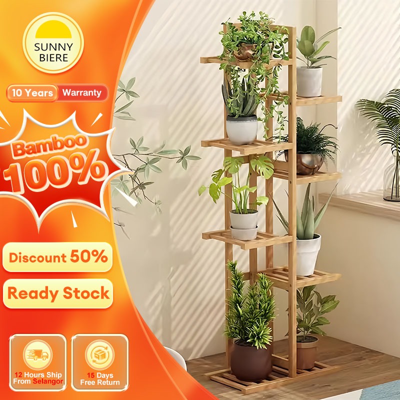 SUNNY Bamboo Flower Rack Indoor Plant Rack Rak Pasu Bunga Multi Layer ...