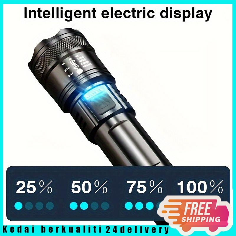 White Laser Super Bright LED Flashlight with 3 Model Rechargeable Zoom ...