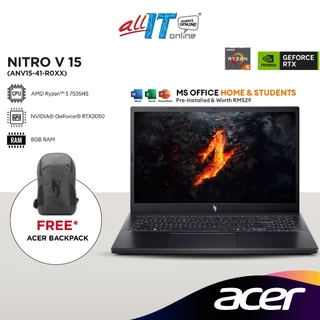 Acer Gaming Nitro V 15 ANV15-41-R0XX 15.6" FHD 165Hz Laptop (AMD Ryzen™ 5 7535HS | 8GB | 512GB SSD | RTX™ 2050 | H&S)
