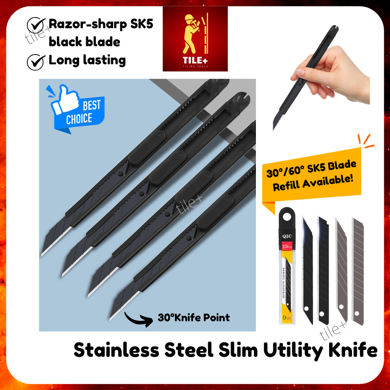 Tile+ Stainless Steel Utility Knife Cutter Sharp Blade SK5 Black ...