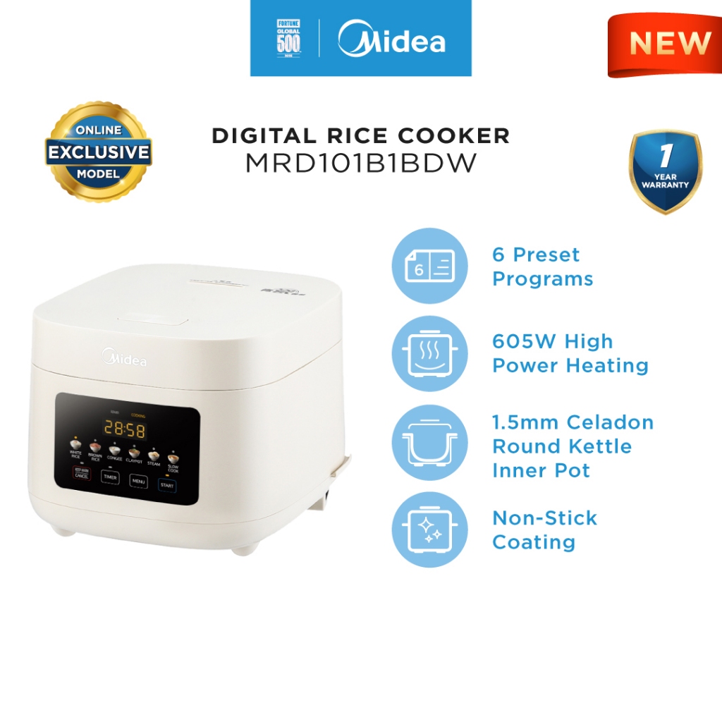 Midea MRD101B1BDW 1.0L Digital Rice Cooker With 6 Preset Menus & 605W ...