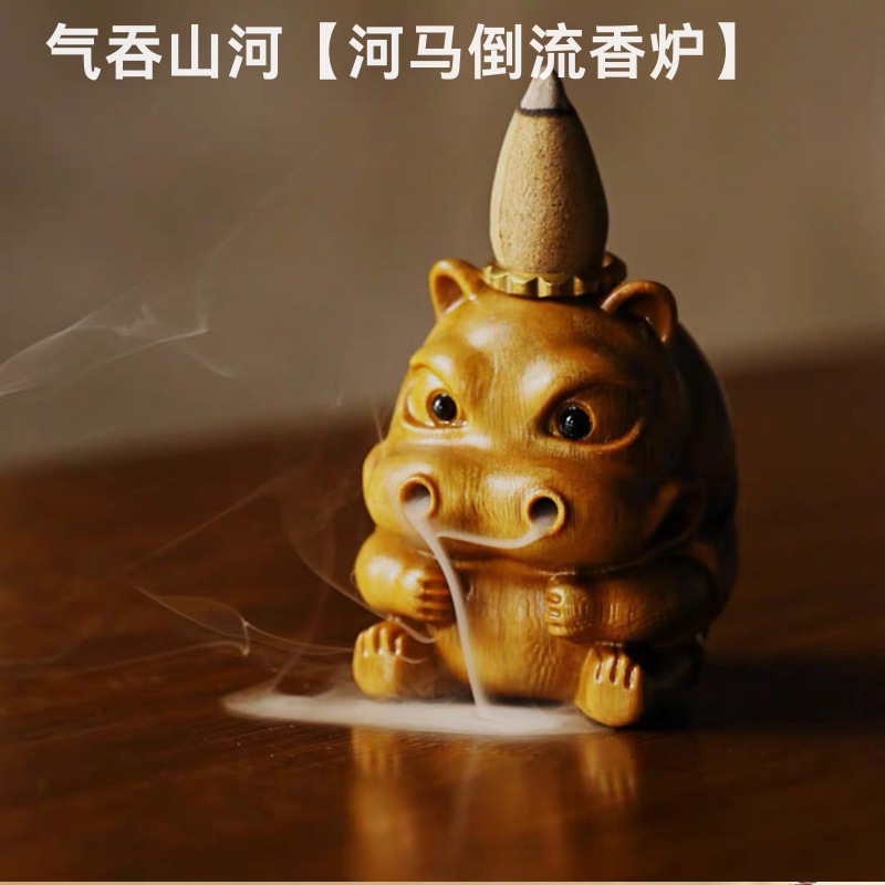 牛气冲天天然绿檀木雕牛香炉摆件倒流香薰炉送60粒倒流香Wooden Ox