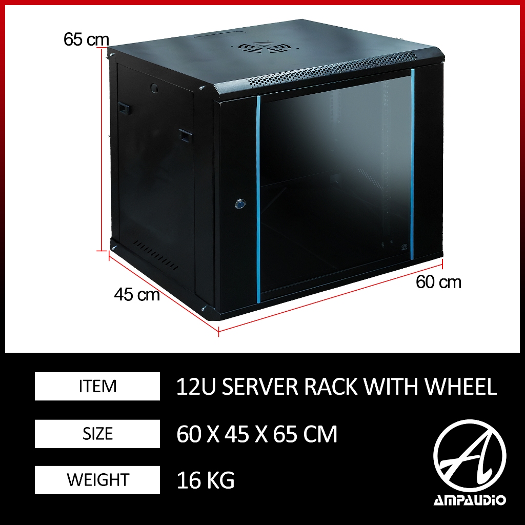AmpAudio 12U Wall Mount Server Rack Cabinet with Glass Door & FREE Tray ...