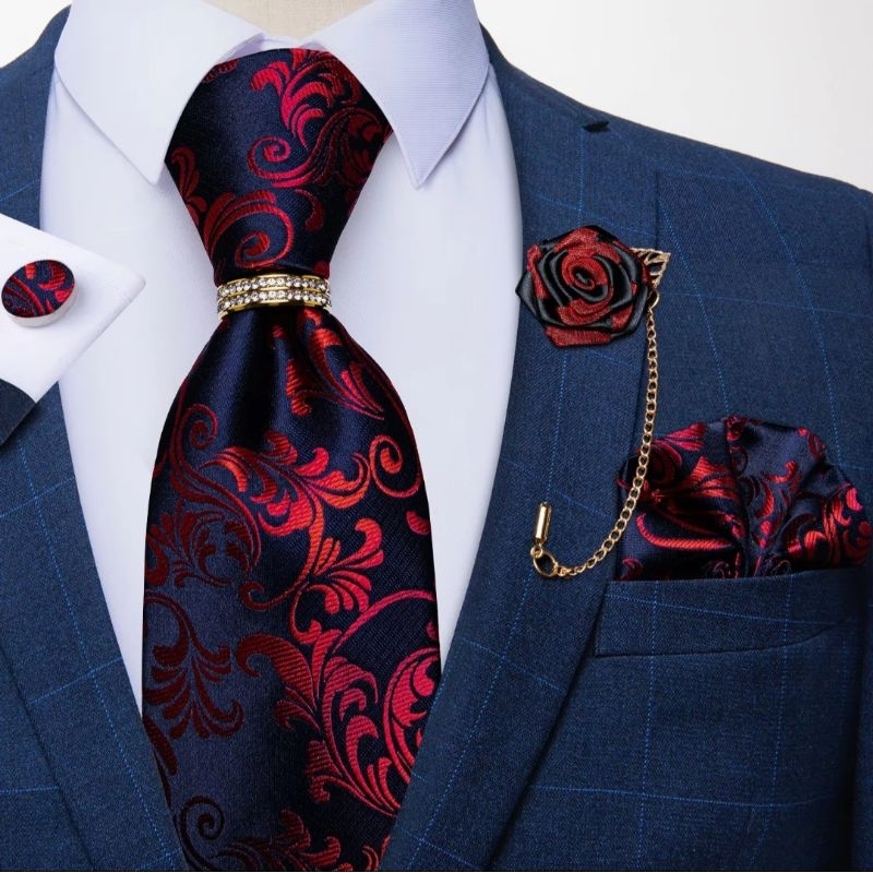 Men's Floral Red Tie Handkerchief Cufflinks Metal Ring Brooch Pin 5Pcs ...