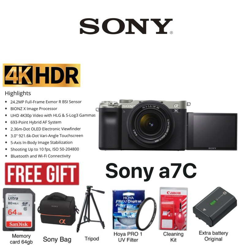 SONY A7C 28-60MM 24.2MP FREE EXTRA BATTERY ORIGINAL FULL FRAME EXMOR R ...