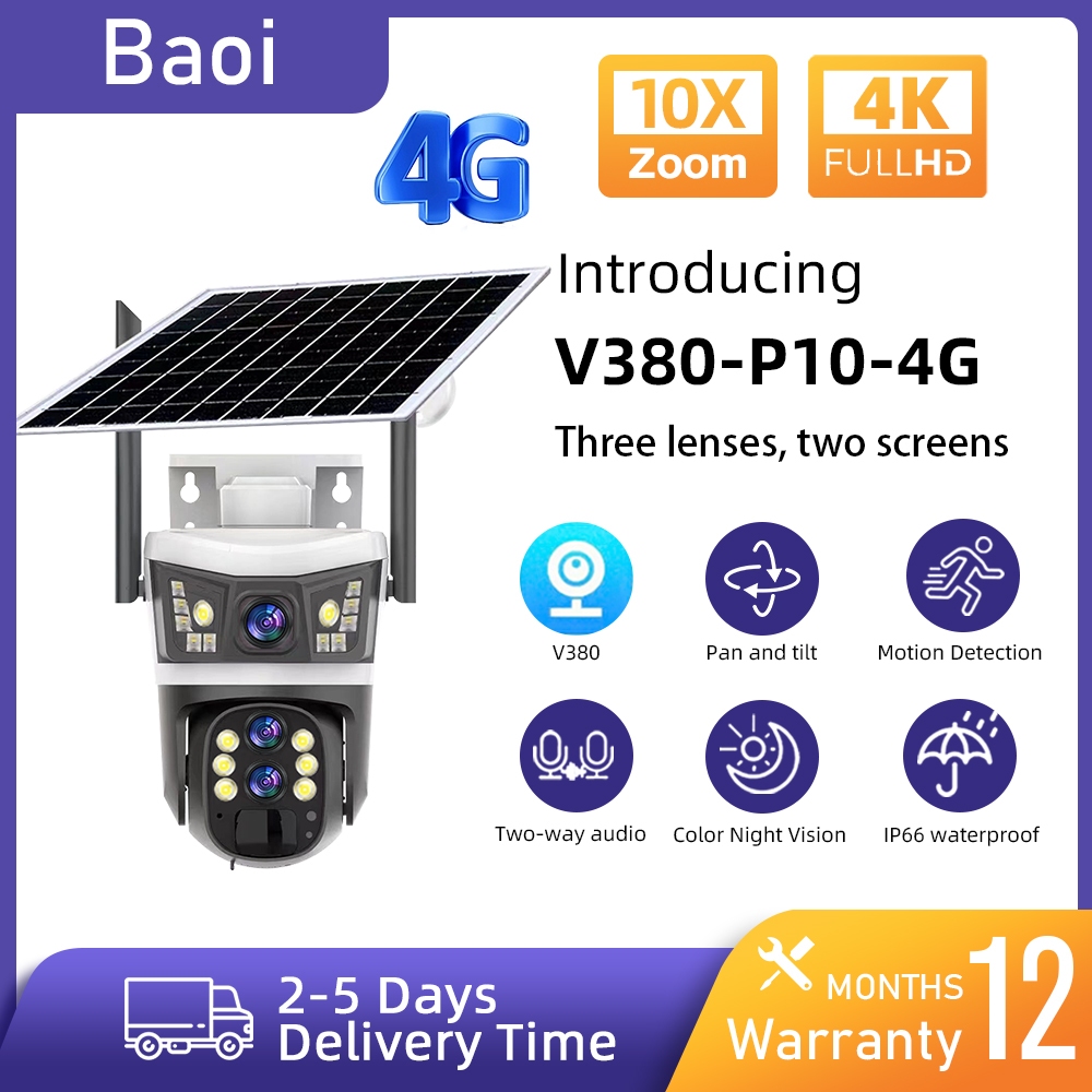 Baoi 3 lens 2 screen 10X optical zoom 12MP 6K V380 Pro 4G sim card