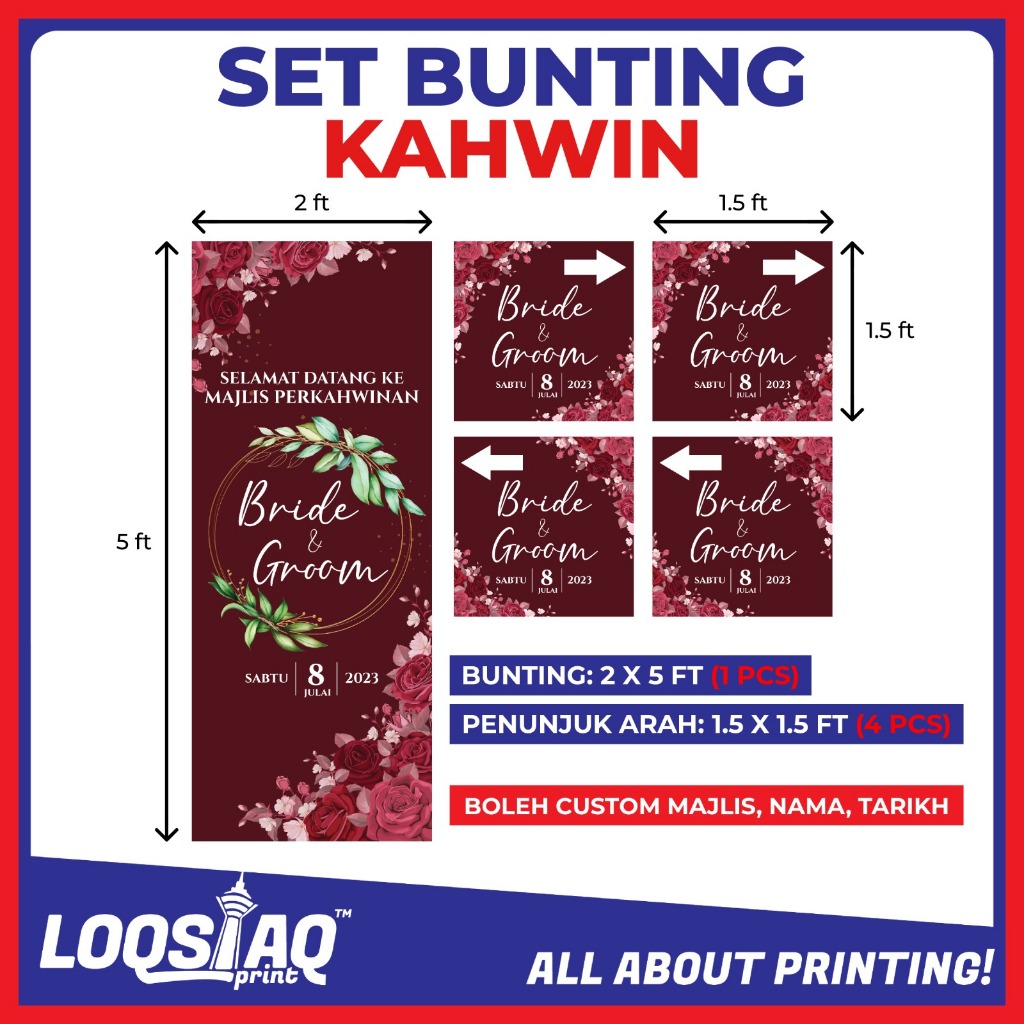 [NEW] SET BUNTING KAHWIN (2 X 5 KAKI )BESERTA PENUNJUK ARAH (1.5 X 1.5 ...