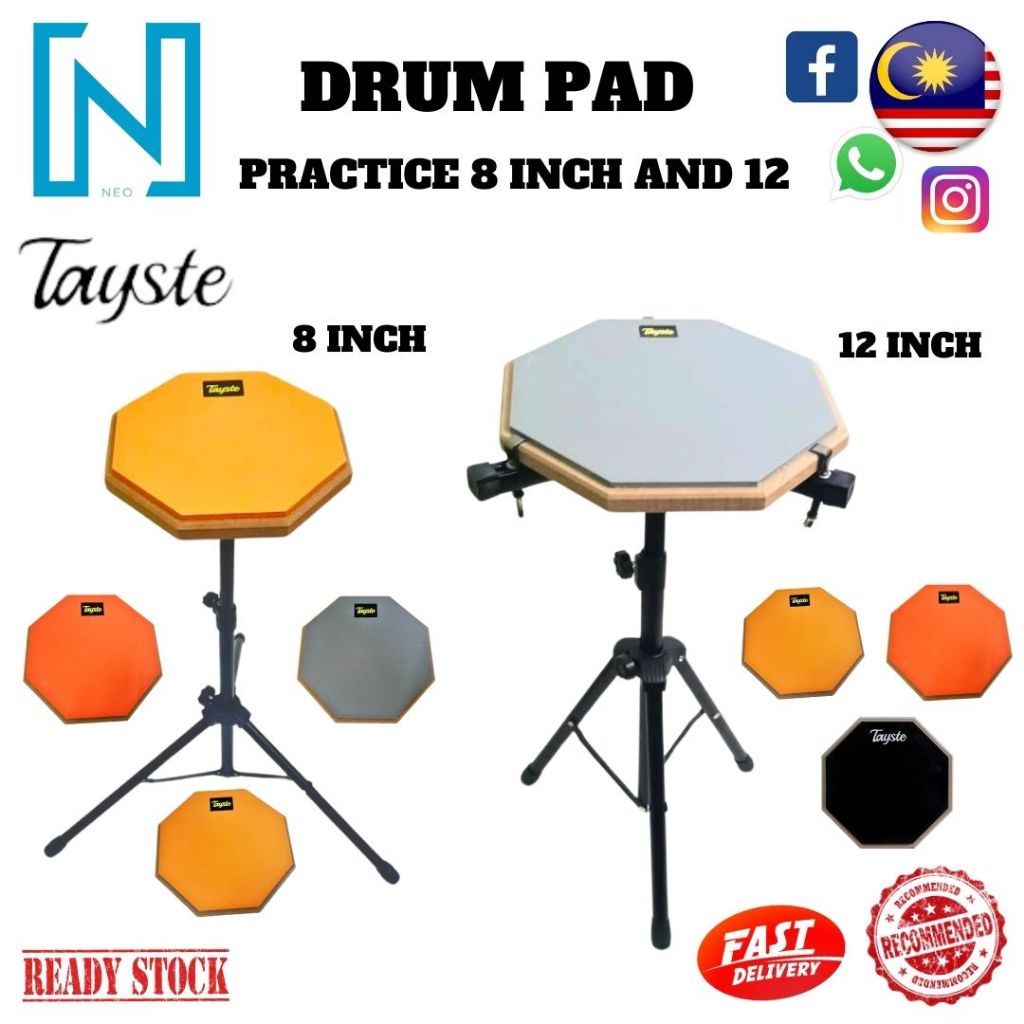 -TAYSTE-Drum Practice pad 8 inch/12 inch Practice Drum Pad with Stand ...
