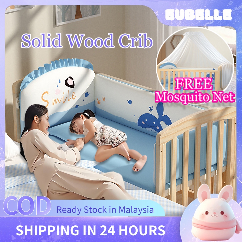 Free gift】 Tiers Wood baby cot Wooden baby bed Foldable crib