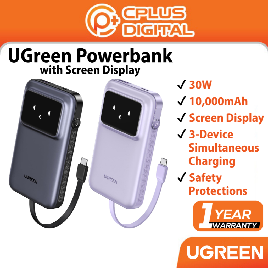 UGREEN Power Bank with Screen Display Uno Built-In Cable 30W Fast ...