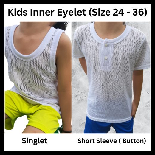 MBS Kid Boy White Eyelet Inner Singlet & T-Shirt Button Short Sleeve ...