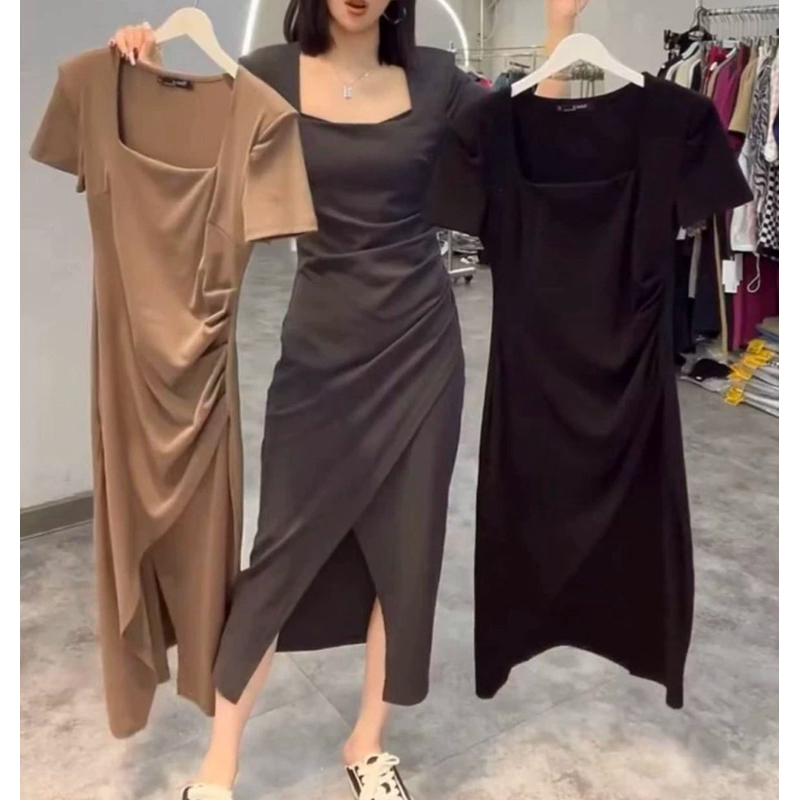 Sexy Square Neck Short Sleeve Split Bodycon Dress / Elegant Side Slit ...