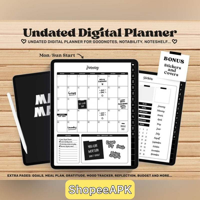 Undated Digital Planner Goodnotes | iPad Planner with Stickers | Simple ...