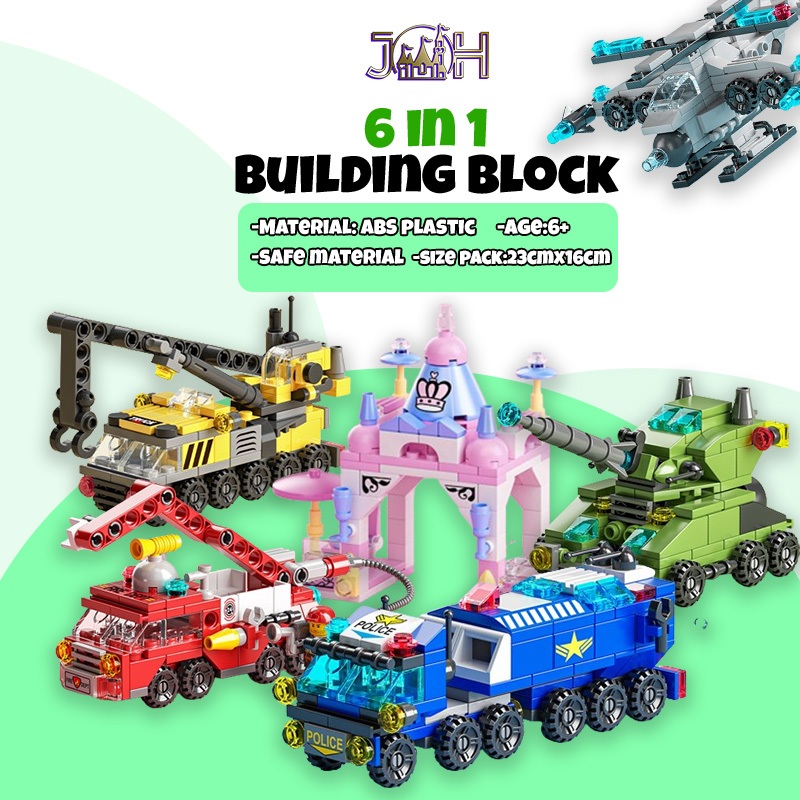 Mini 6 In 1 Building Blocks DIY Police Car Fire Truck Castle Model ...