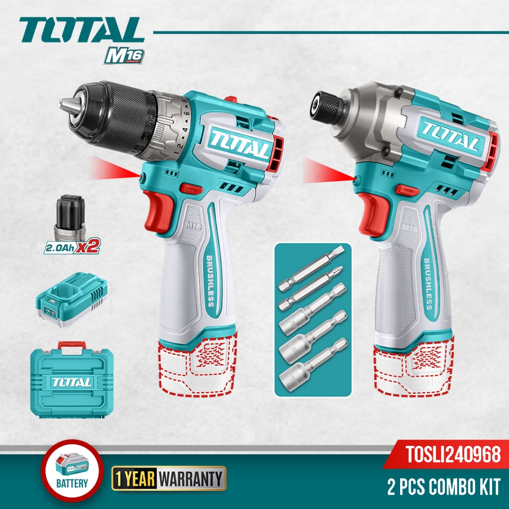 TOTAL Li-ion Cordless Combo Kit Impact Driver & Drill(16V) + Battery (2 ...