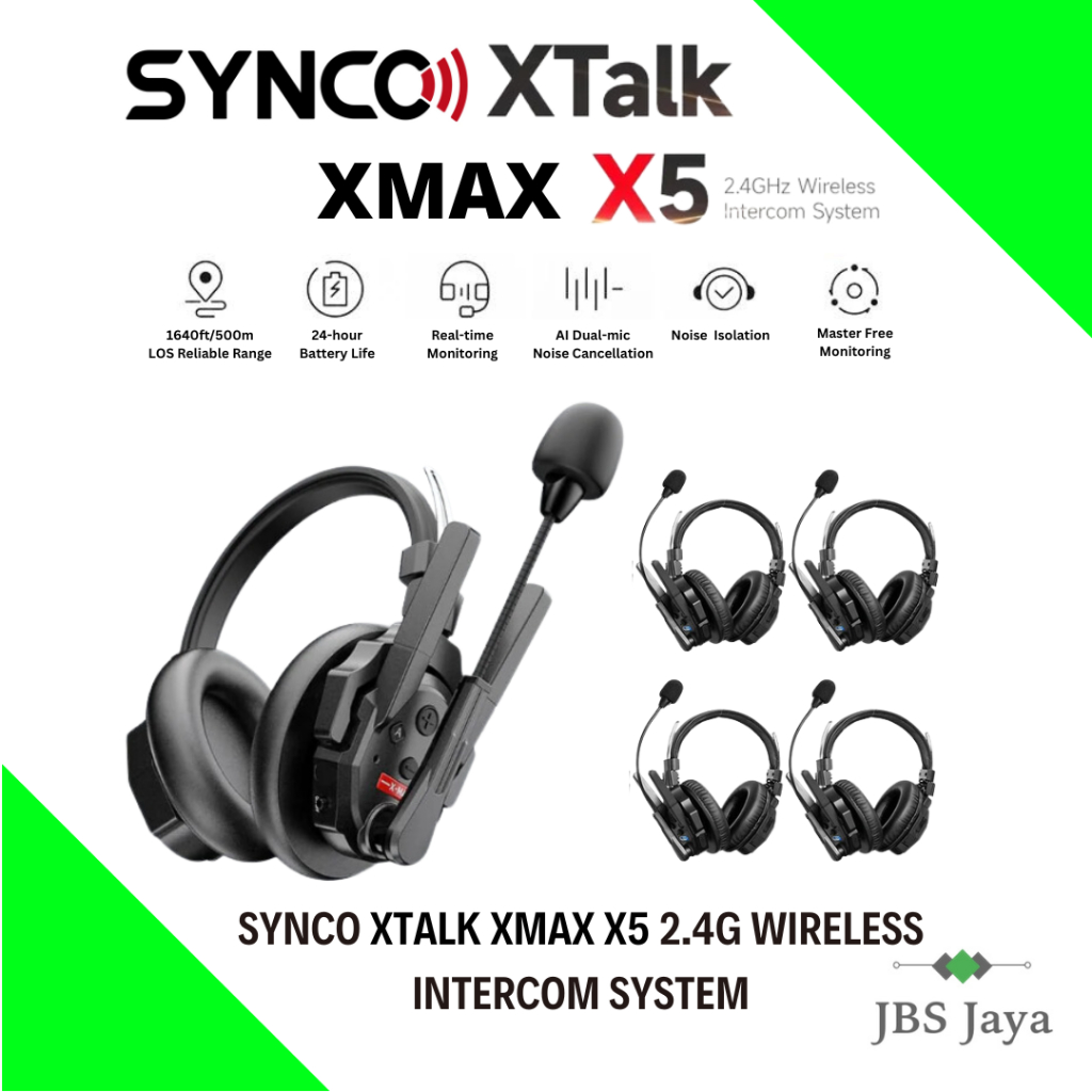 Synco Xtalk XMax X5 Wireless Intercom with 5 Dual-Ear Headsets (2.4 GHz ...