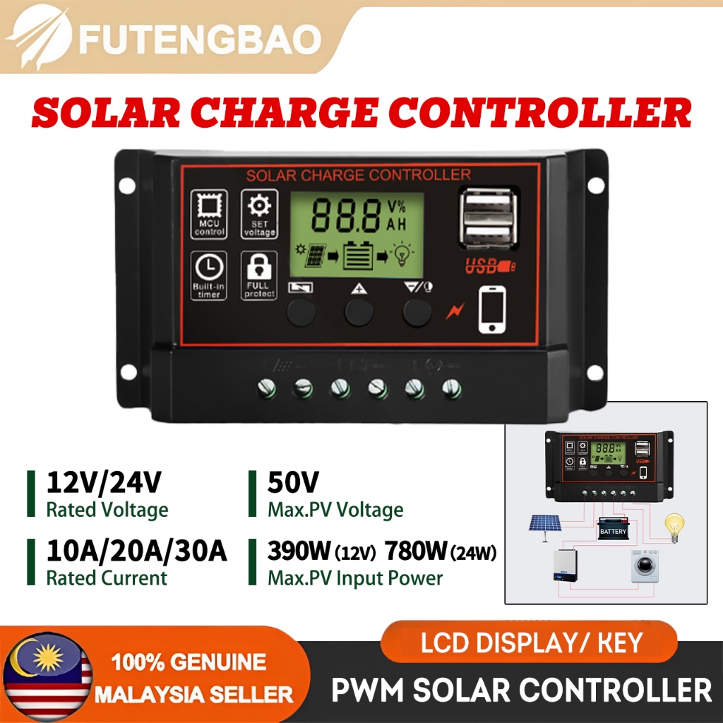 30A PWM Solar Charge Controller Intelligent Dual USB Port LCD Display ...