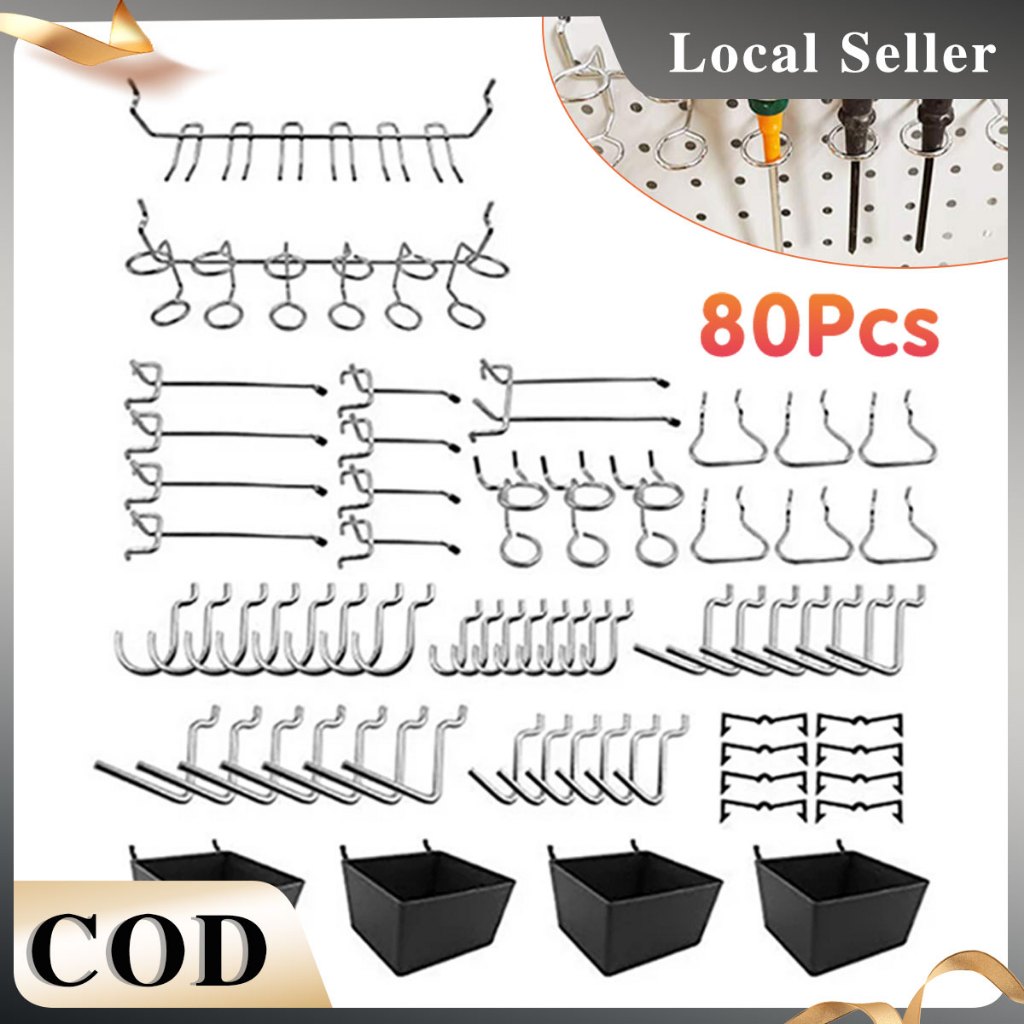 80Pcs Peg Board Hook Assortment Set Pegboard Bins Accessories Heavy ...
