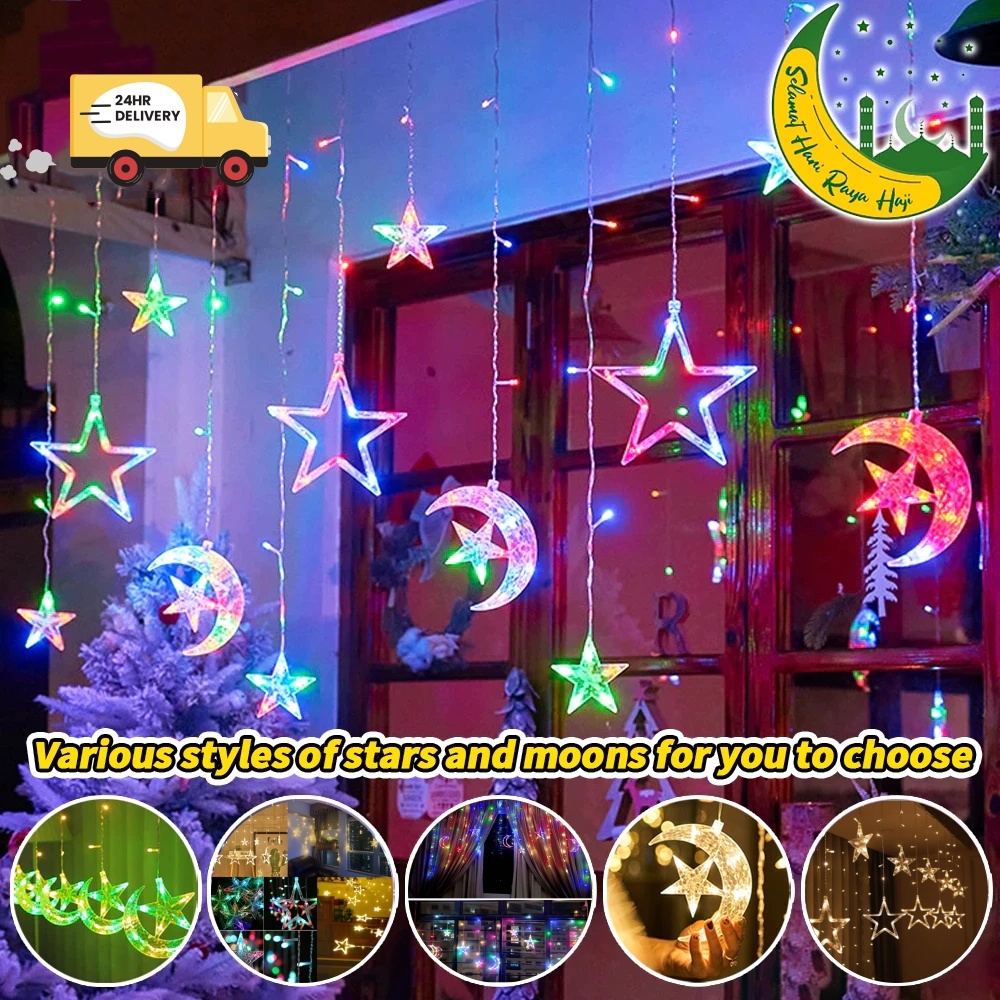 Lampu Raya 5 Meter Hair Raya Lights 158Led Led Star Moon Lights Curtain ...
