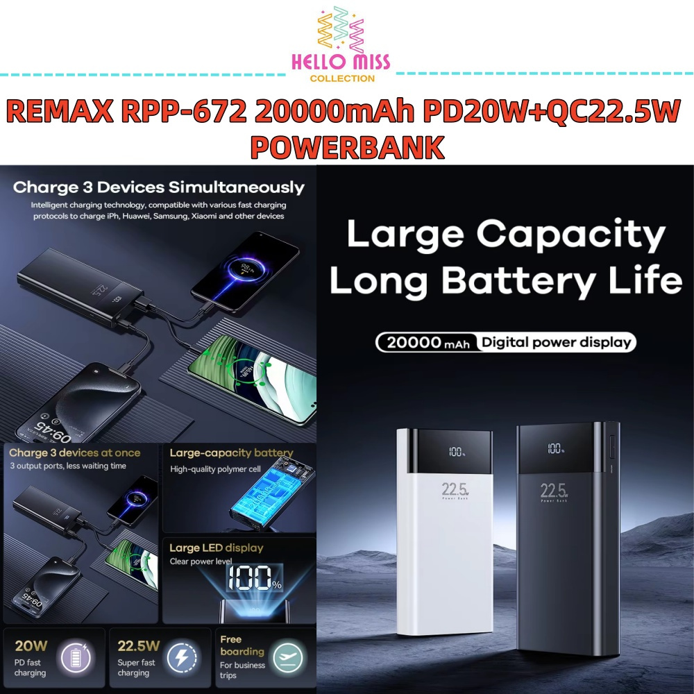 REMAX RPP-672 20000MAH PD20W + QC22.5W FAST CHARGE POWERBANK POWER BANK ...
