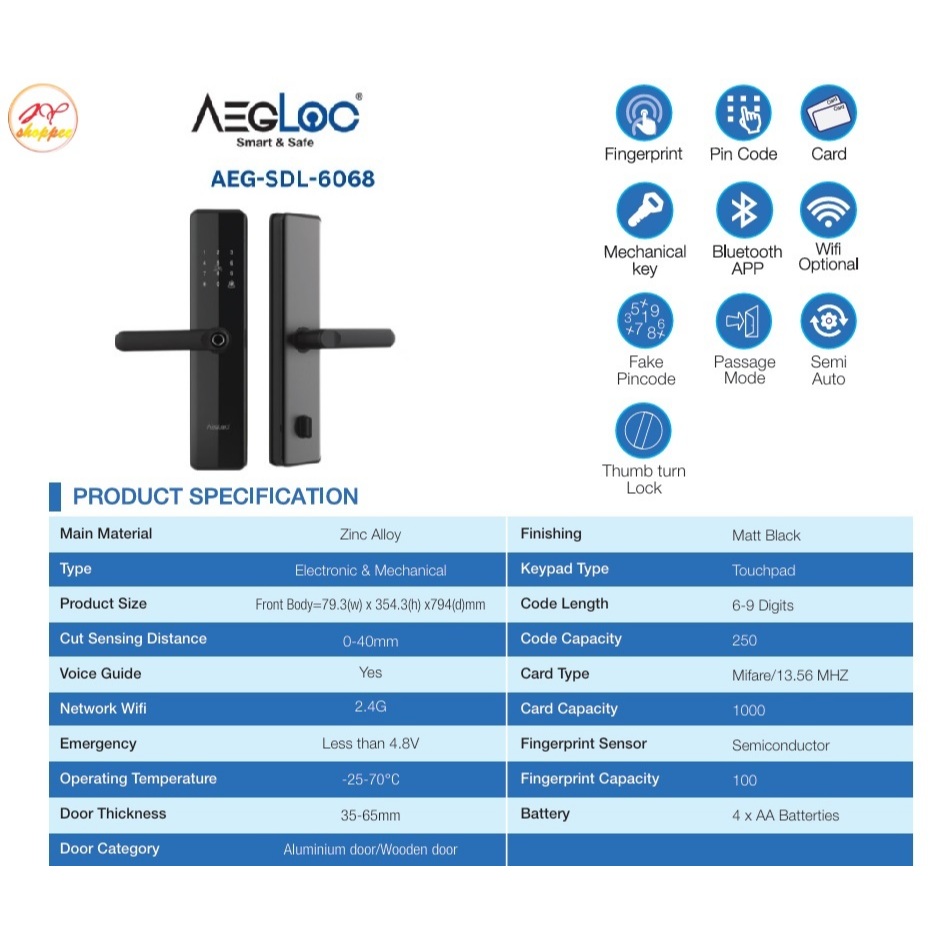 AEGLOC Smart Door Lock 6068/ Smart Lock / Digital Door Lock / Digital ...