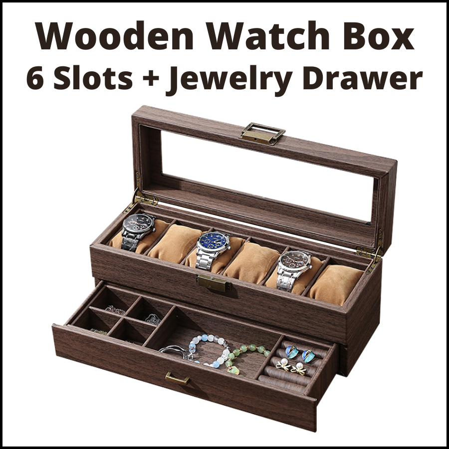 Wooden Watch Box | With Jewelry Drawer | Black Walnut Grain Finish ...