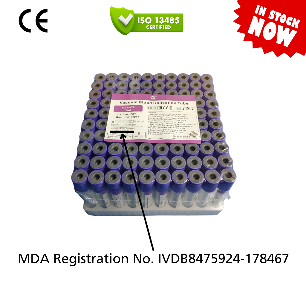 MDA Approved Vacuum Blood Collection Tube - Purple Cap, EDTA K2, 2ml ...