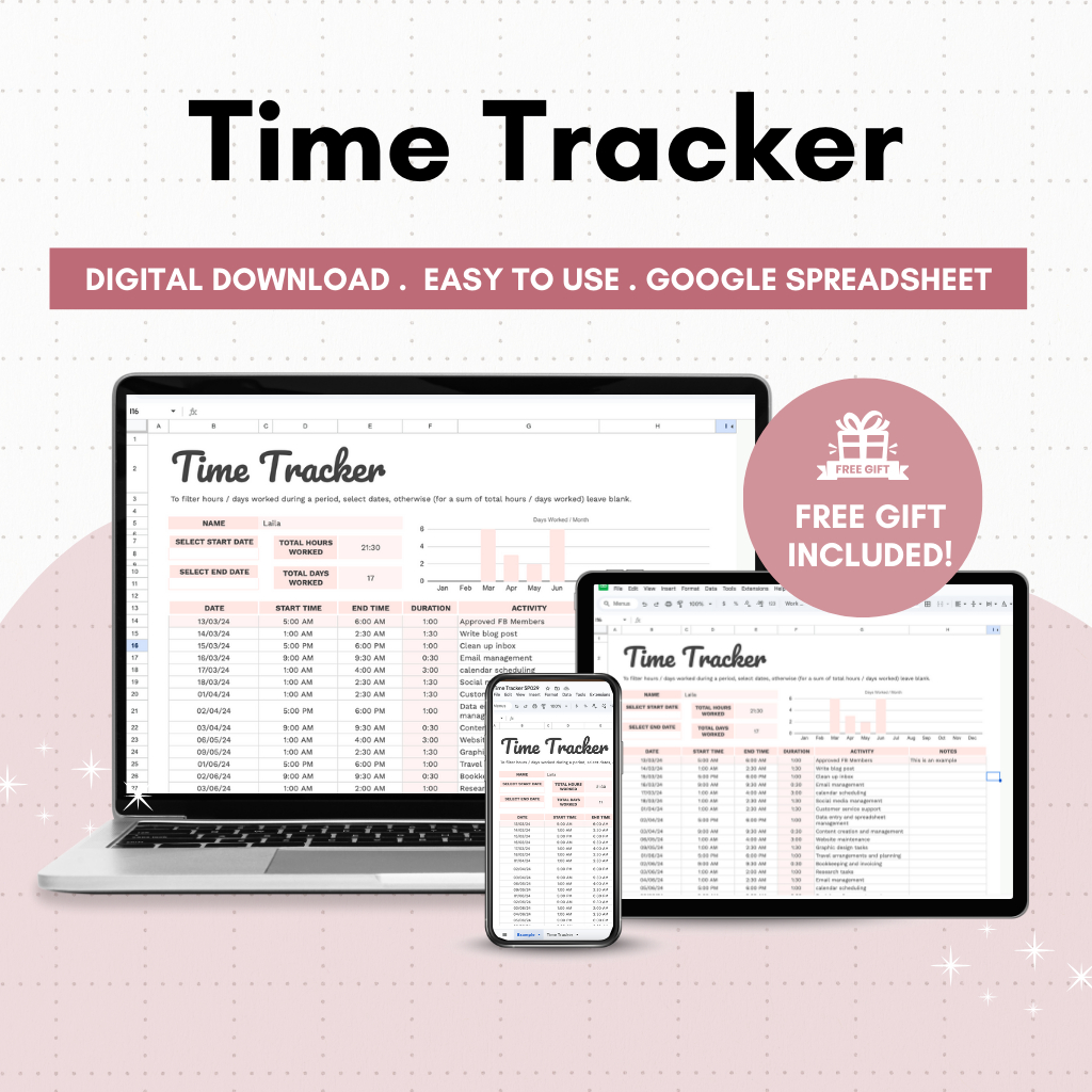 Time Tracker Spreadsheet Template | Work Log | Printable Google Sheets ...