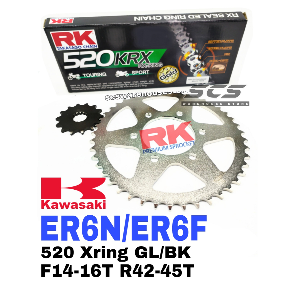 RK Sprocket Set Kawasaki ER6N ER6F RK 520 KRX X-Ring Black / Gold Chain ...