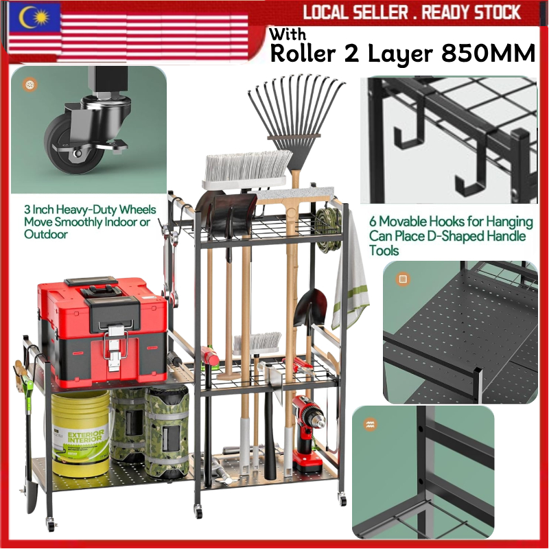 MultiFunctional 2-Tier Garden Organizer Rack Roller 5 Hook Shed Garage ...