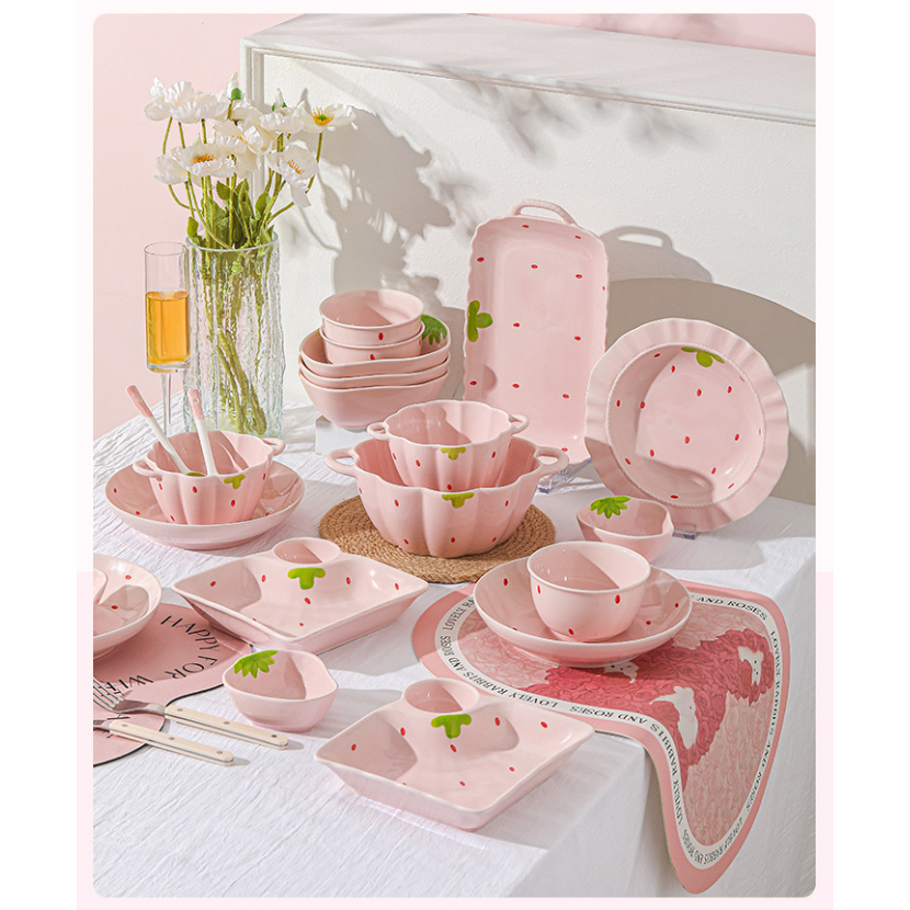 TJE ** Pink Strawberry Design Set Ceramic Tableware Dinnerware Set ...