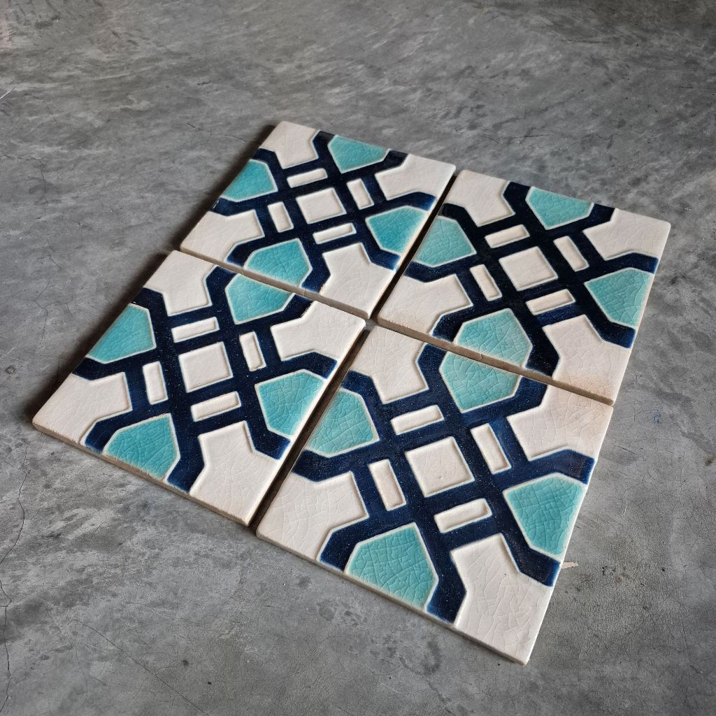 Keceramics Handmade Ceramic Tile Melaka Pattern 1 Blue (15.5 x 15.5 x 1 ...