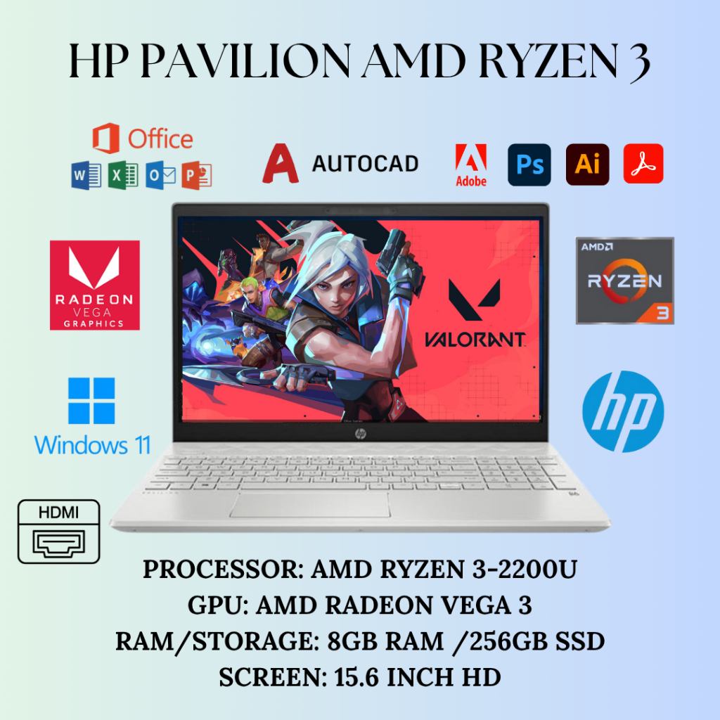Laptop Gaming HP Pavilion 15 AMD Ryzen 3-2200U Radeon Vega 3 Graphics ...