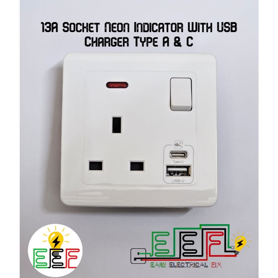 13A Socket Neon Indicator With USB Charger Type C And A Charging ...