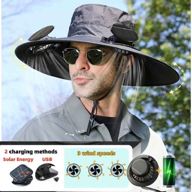 Topi Kipas Angin Solar Removable Solar Charging Fan Hat Summer Outdoor ...